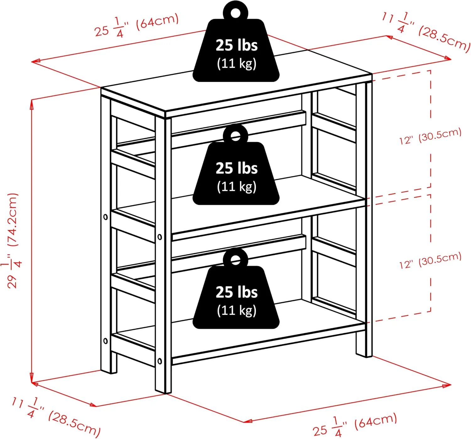 Winsome Leo 2-Tier Wide Storage Shelf with 3 Foldable Woven Baskets, for Living Room, Home Office, Bedroom, Espresso