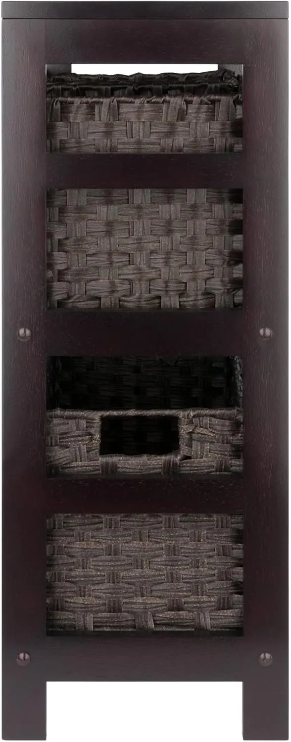 Winsome Leo 2-Tier Wide Storage Shelf with 3 Foldable Woven Baskets, for Living Room, Home Office, Bedroom, Espresso