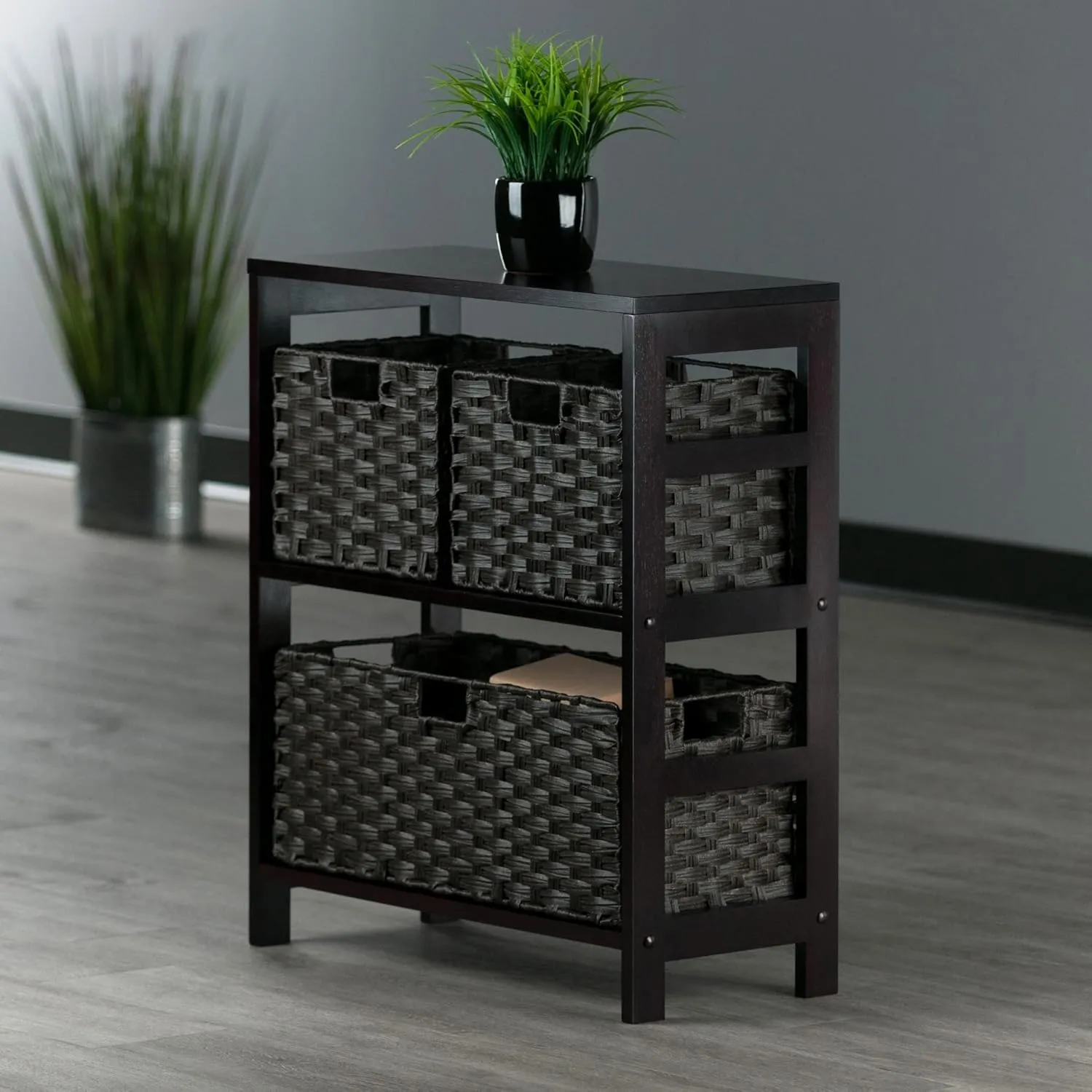 Winsome Leo 2-Tier Wide Storage Shelf with 3 Foldable Woven Baskets, for Living Room, Home Office, Bedroom, Espresso