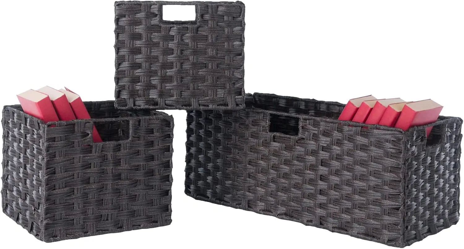 Winsome Leo 2-Tier Wide Storage Shelf with 3 Foldable Woven Baskets, for Living Room, Home Office, Bedroom, Espresso