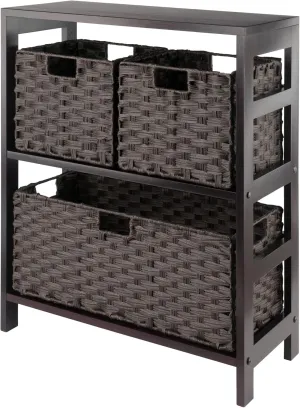 Winsome Leo 2-Tier Wide Storage Shelf with 3 Foldable Woven Baskets, for Living Room, Home Office, Bedroom, Espresso