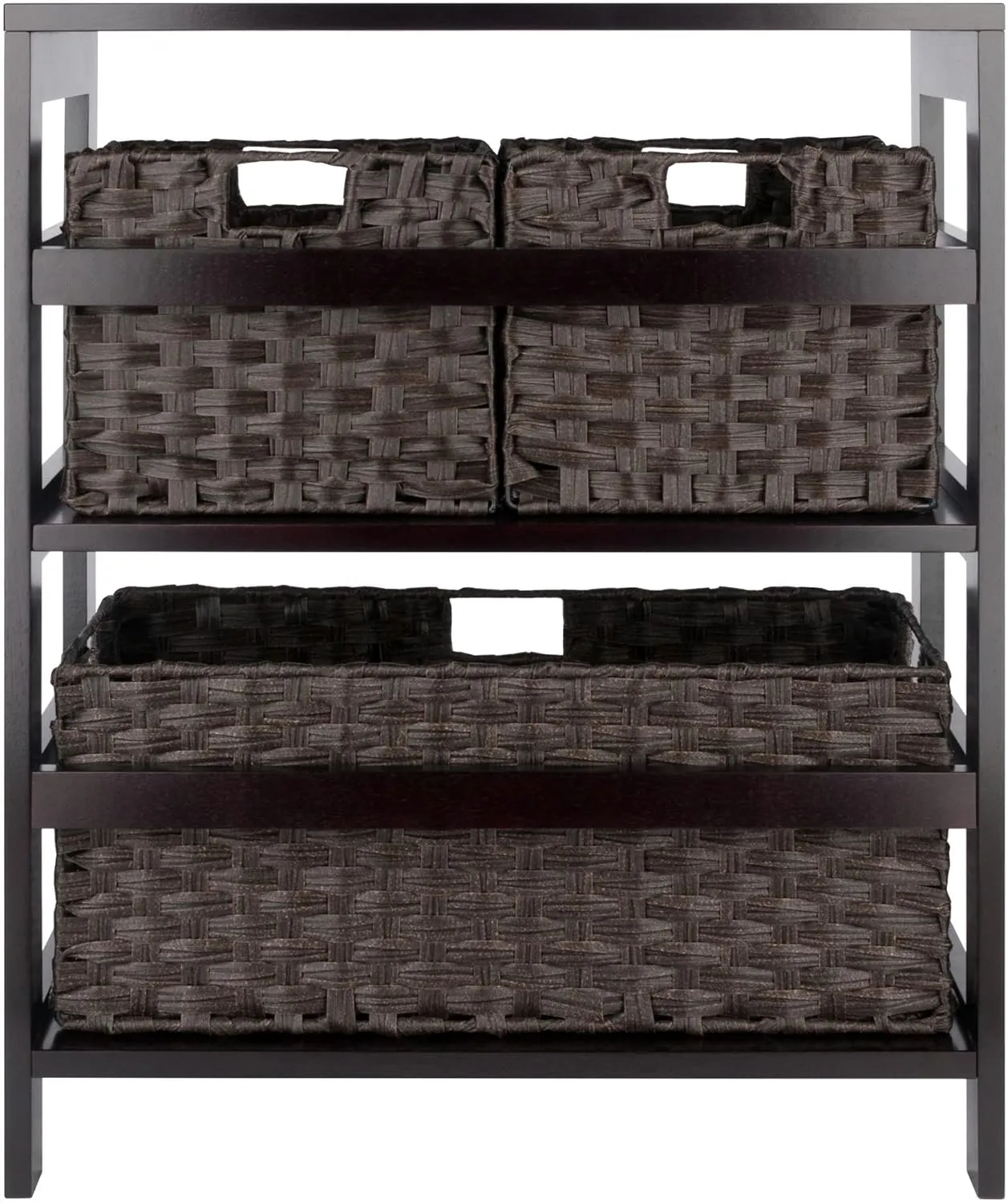Winsome Leo 2-Tier Wide Storage Shelf with 3 Foldable Woven Baskets, for Living Room, Home Office, Bedroom, Espresso
