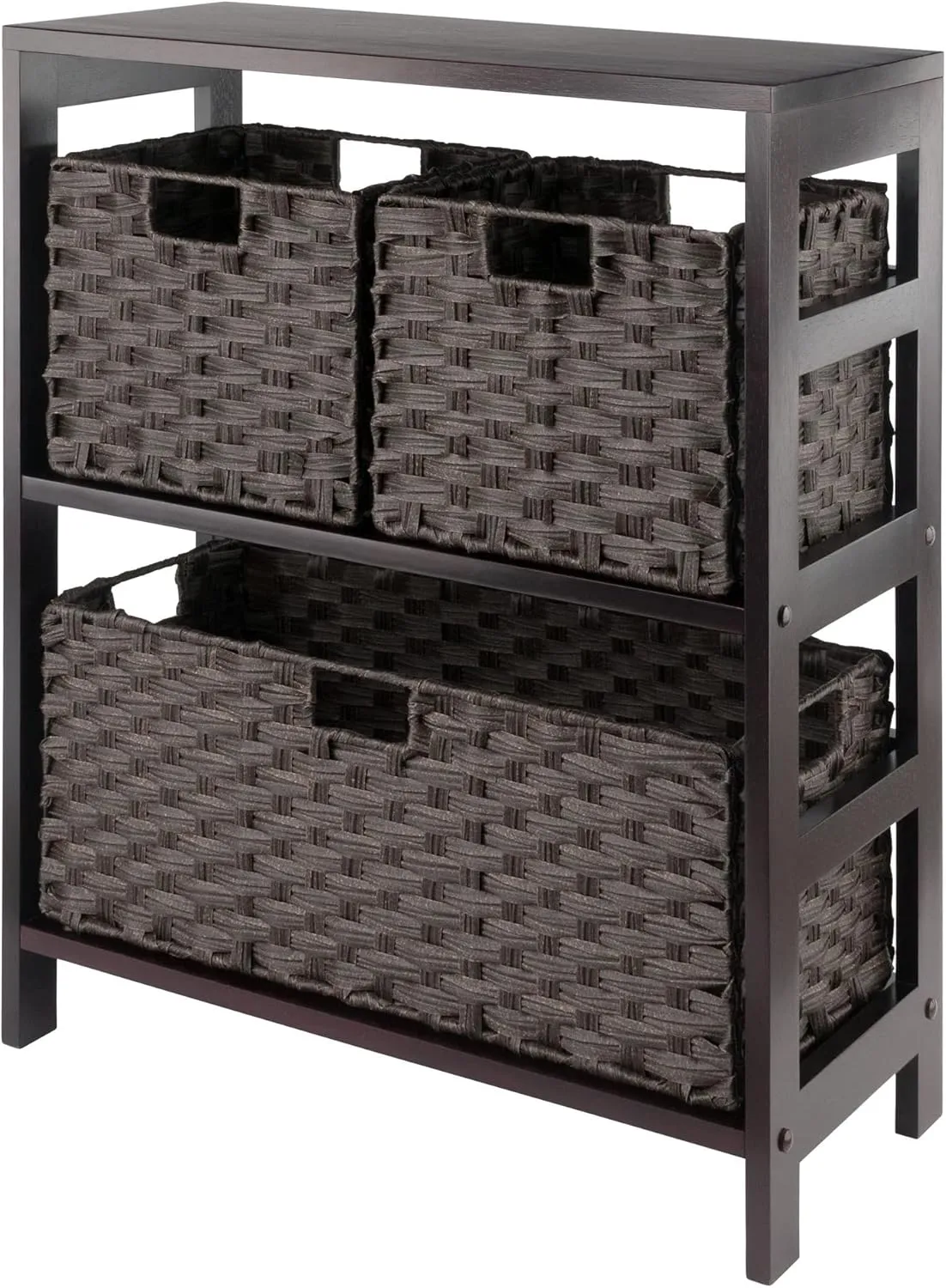 Winsome Leo 2-Tier Wide Storage Shelf with 3 Foldable Woven Baskets, for Living Room, Home Office, Bedroom, Espresso
