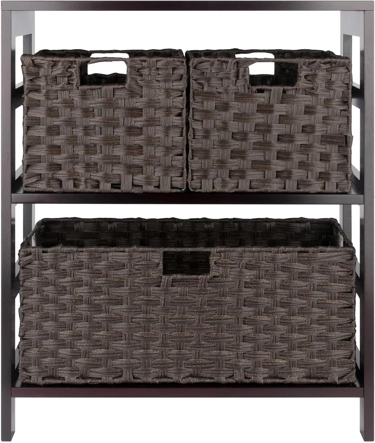 Winsome Leo 2-Tier Wide Storage Shelf with 3 Foldable Woven Baskets, for Living Room, Home Office, Bedroom, Espresso