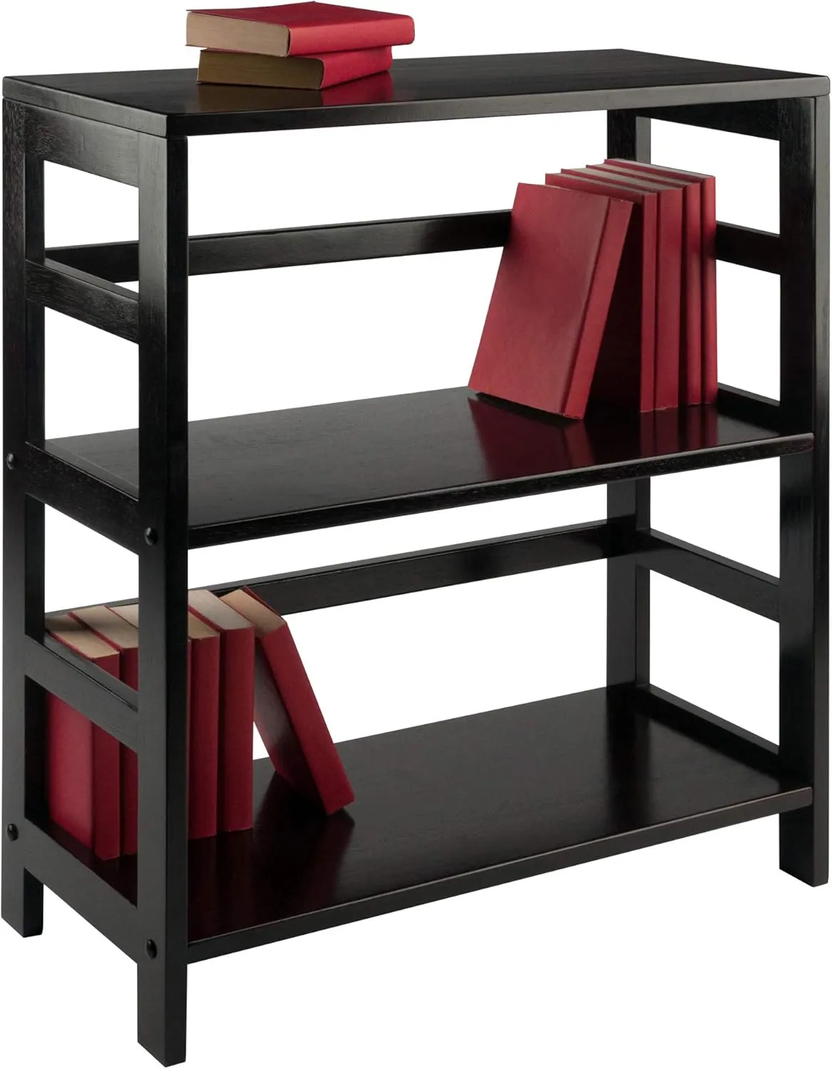 Winsome Leo 2-Tier Wide Storage Shelf with 3 Foldable Woven Baskets, for Living Room, Home Office, Bedroom, Espresso
