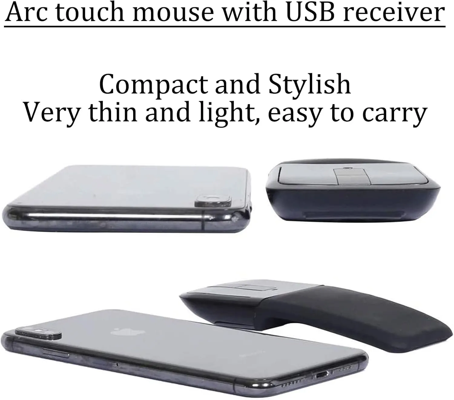 Wireless Arc Mouse, Slim Foldable Touch Travel Mouse with USB Receiver, Optical Folding Computer Mice for Microsoft Laptop Computer PC - Black