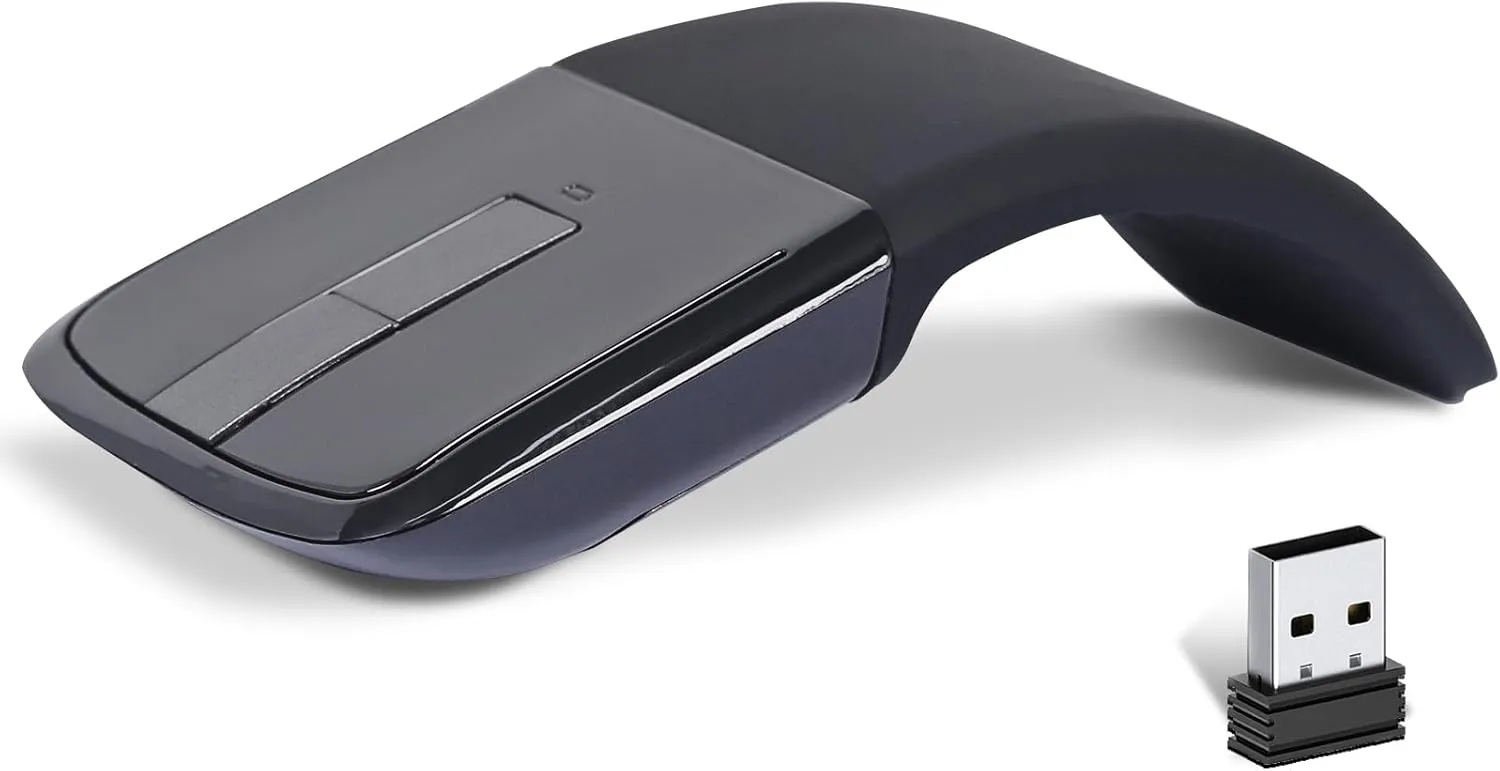 Wireless Arc Mouse, Slim Foldable Touch Travel Mouse with USB Receiver, Optical Folding Computer Mice for Microsoft Laptop Computer PC - Black