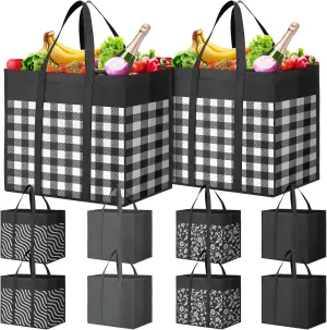 WISELIFE Reusable Grocery Shopping Bags 10 Pack Large Foldable Tote Bags Bulk, Eco Produce Bags with Long Handle for Shopping Groceries Clothes (Plaid D)