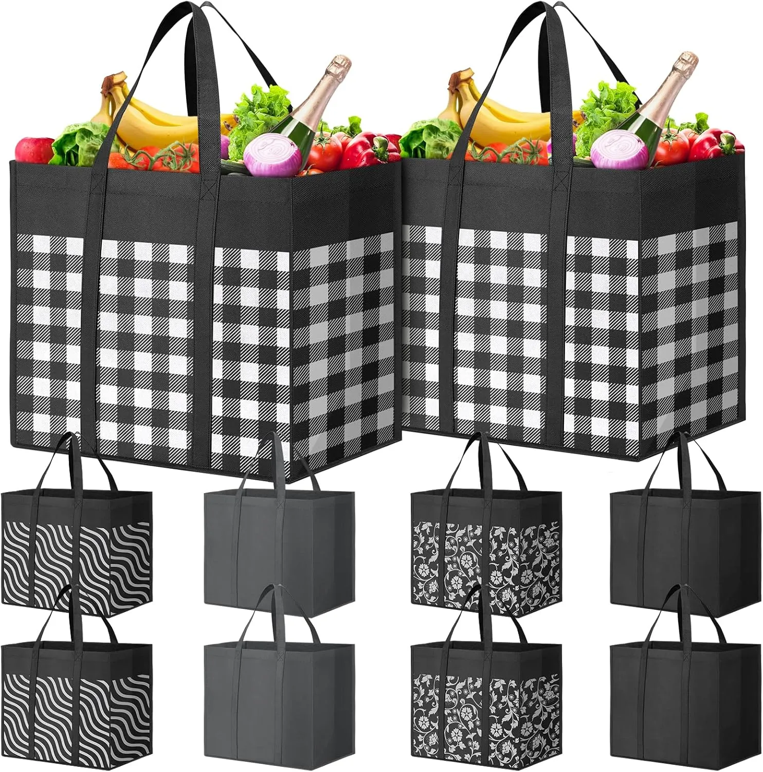 WISELIFE Reusable Grocery Shopping Bags 10 Pack Large Foldable Tote Bags Bulk, Eco Produce Bags with Long Handle for Shopping Groceries Clothes (Plaid D)