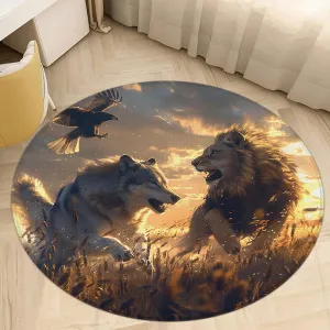 Wolf Lion Round Area Rug African Grassland Wilderness Hunting Eagles Running Wild Animal Sunset Autumn Nature Scenery Circle Rug Non Slip Mat for Kitchen Living Room Bedroom Bathroom Decoration 2 Ft