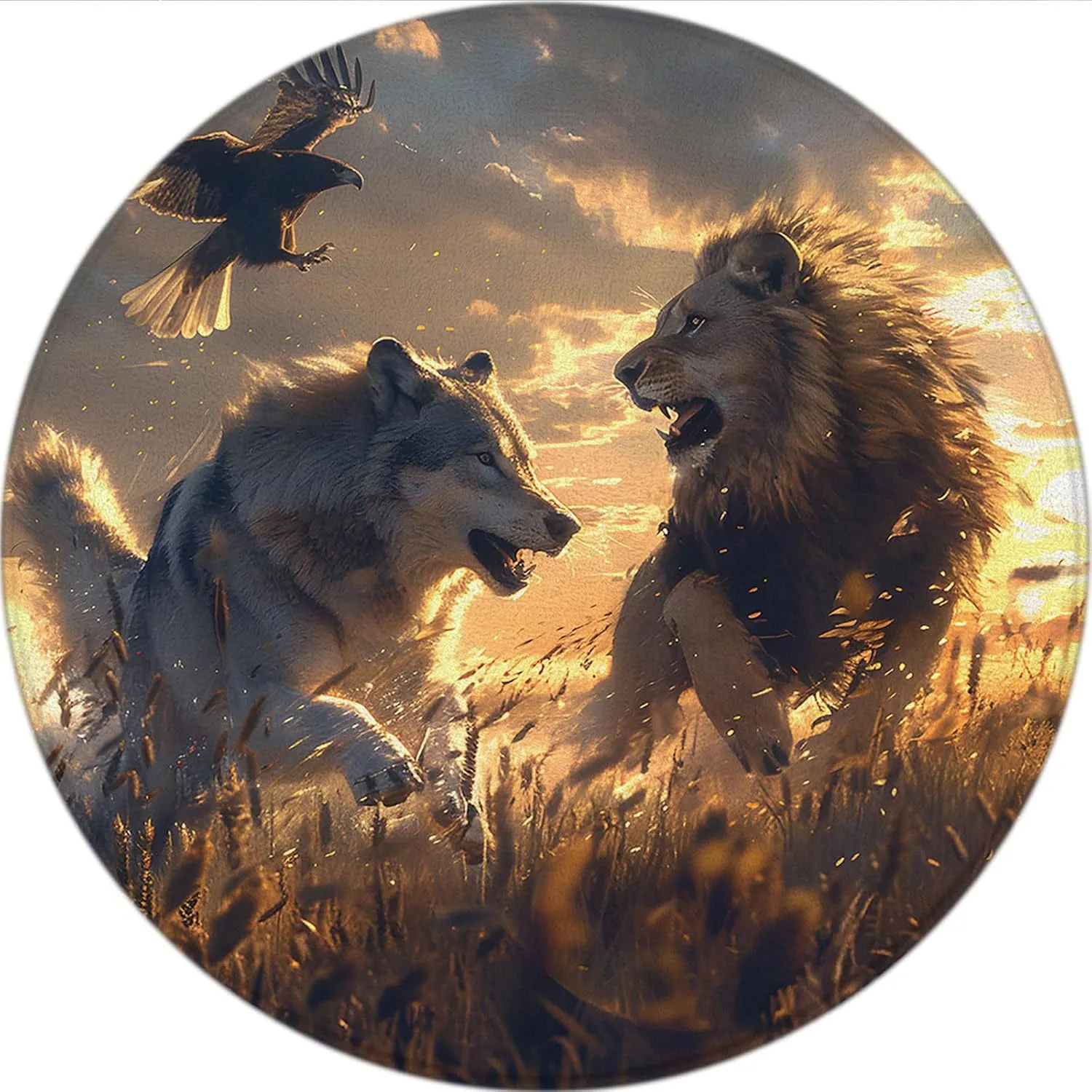 Wolf Lion Round Area Rug African Grassland Wilderness Hunting Eagles Running Wild Animal Sunset Autumn Nature Scenery Circle Rug Non Slip Mat for Kitchen Living Room Bedroom Bathroom Decoration 2 Ft