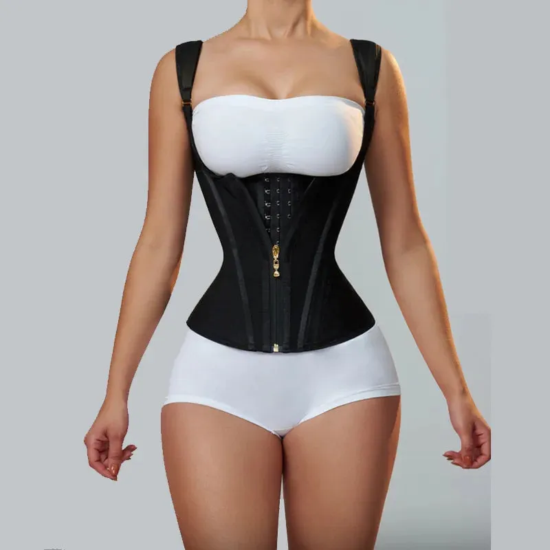 Women Double Compression Waist Trainer Corset with Bone Adjustable Zipper and Hook-eyes Flat Belly Body Shaper