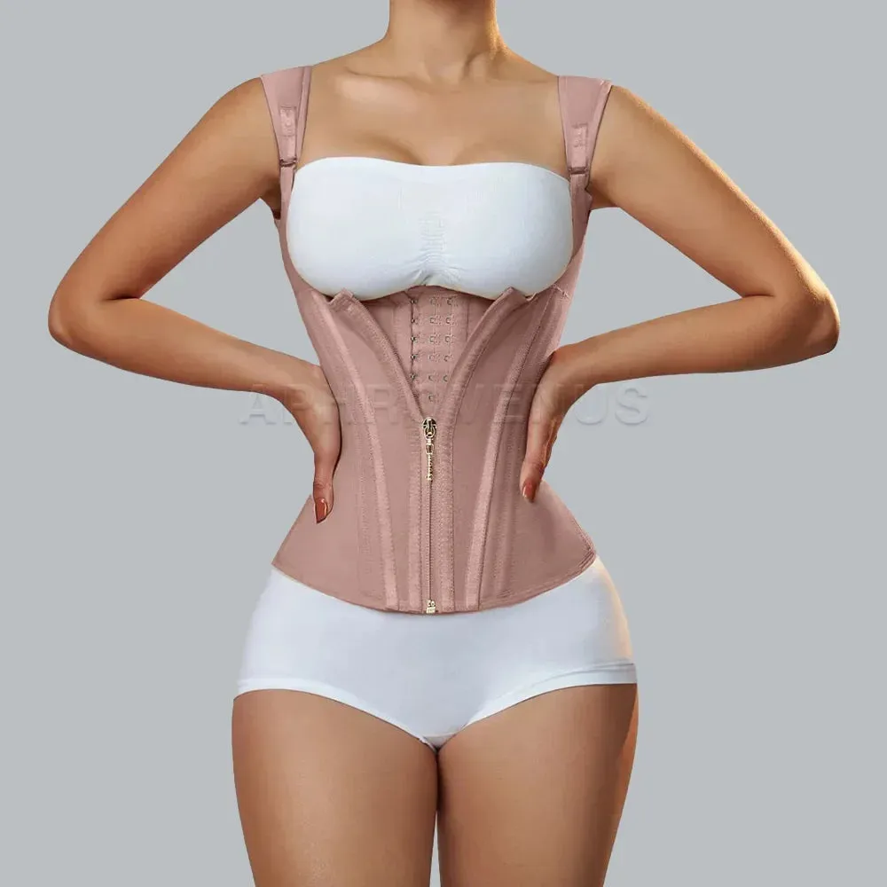 Women Double Compression Waist Trainer Corset with Bone Adjustable Zipper and Hook-eyes Flat Belly Body Shaper