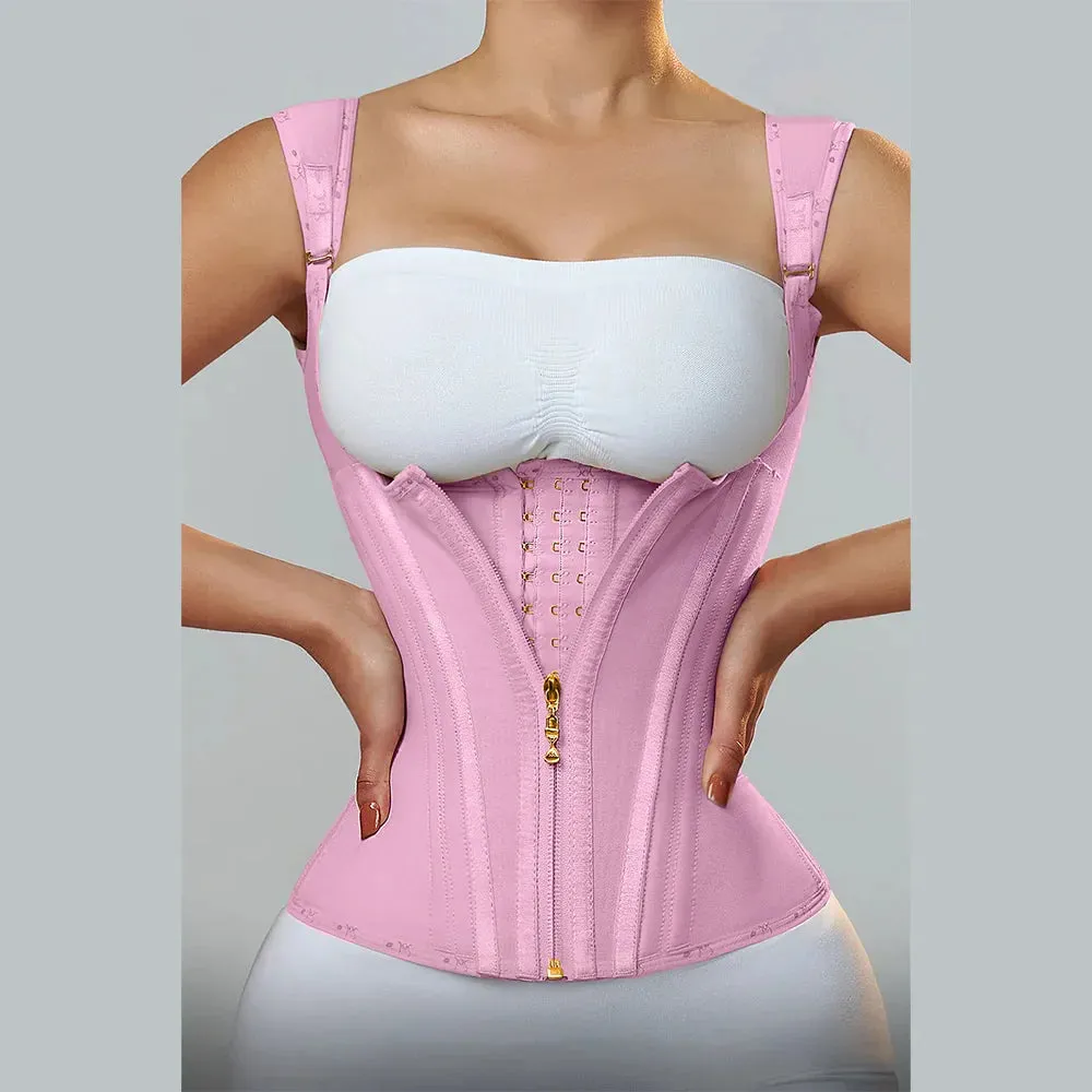 Women Double Compression Waist Trainer Corset with Bone Adjustable Zipper and Hook-eyes Flat Belly Body Shaper