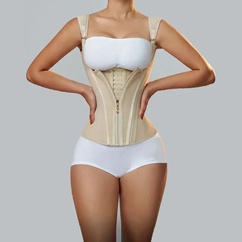 Women Double Compression Waist Trainer Corset with Bone Adjustable Zipper and Hook-eyes Flat Belly Body Shaper