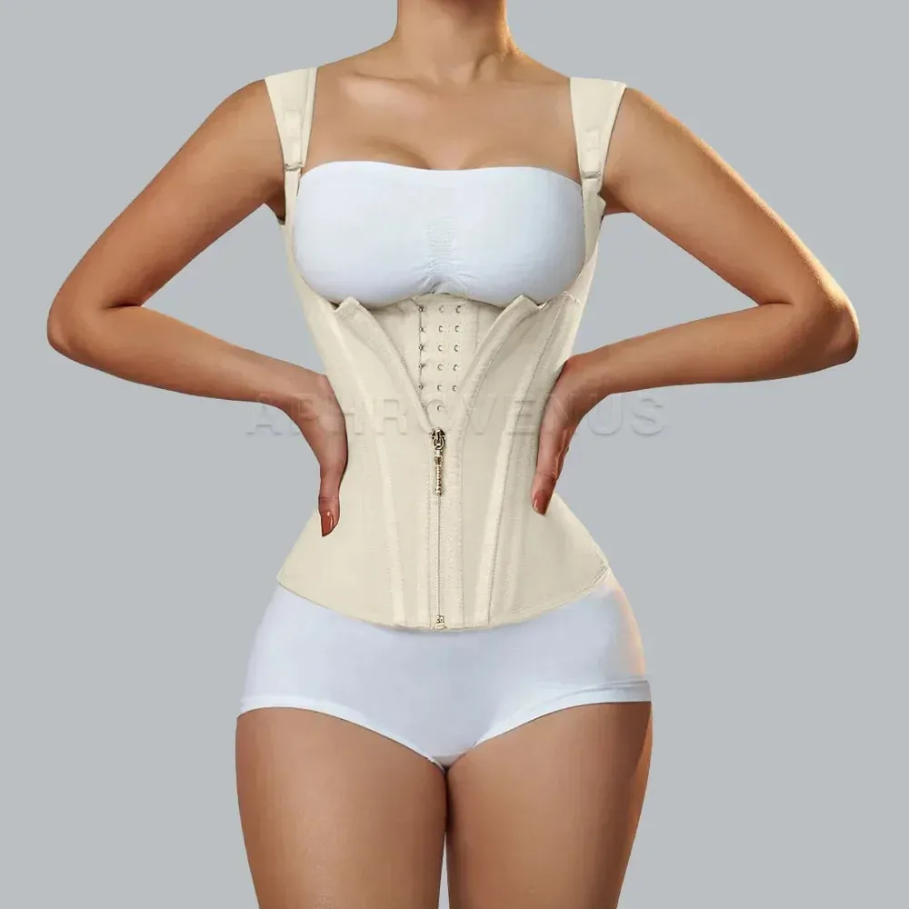 Women Double Compression Waist Trainer Corset with Bone Adjustable Zipper and Hook-eyes Flat Belly Body Shaper
