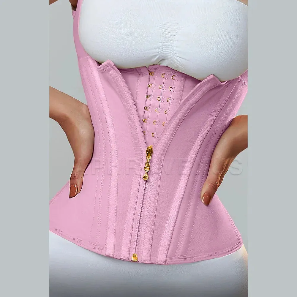 Women Double Compression Waist Trainer Corset with Bone Adjustable Zipper and Hook-eyes Flat Belly Body Shaper