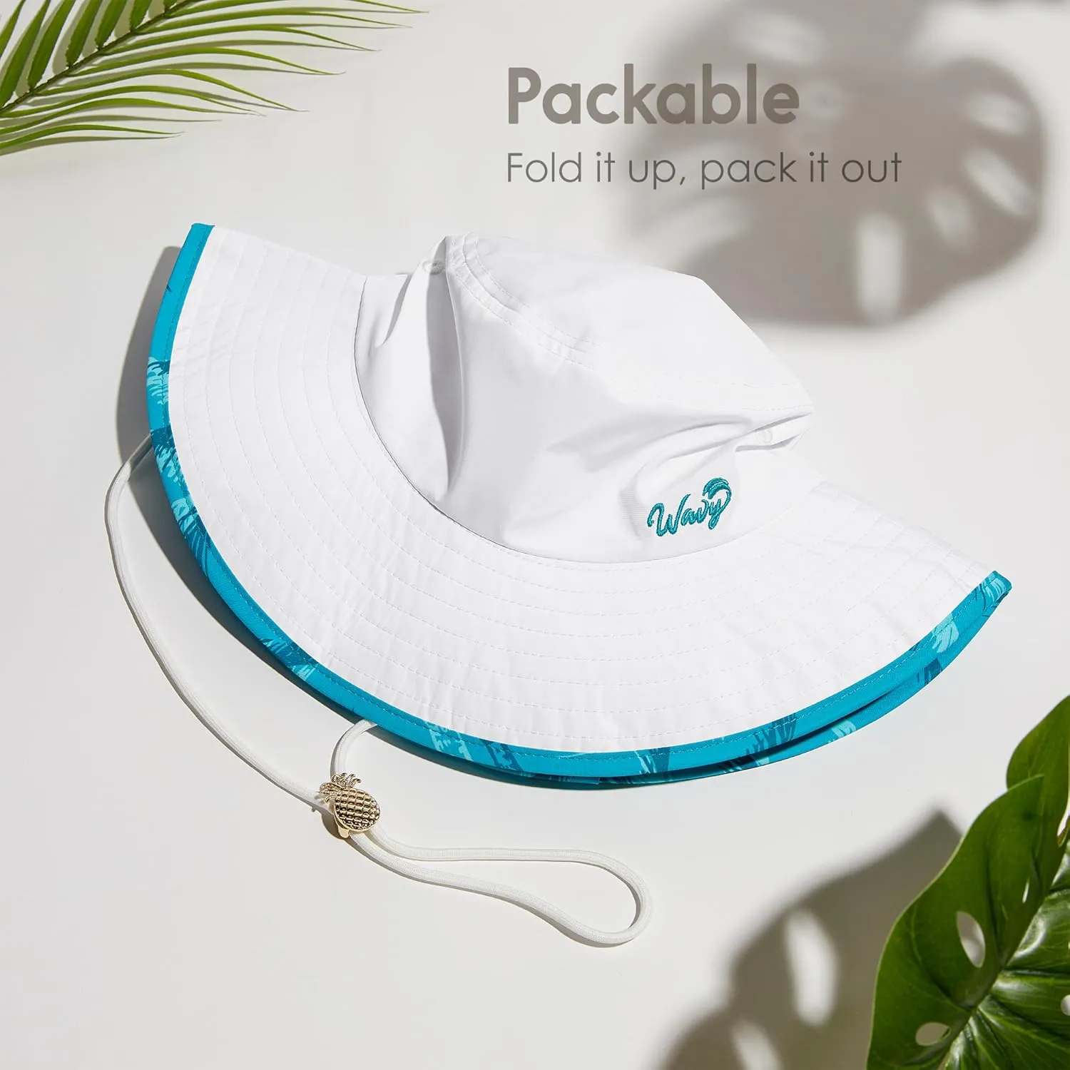 Women’s Beach Hat with Wide Brim Packable for Travel, UV Protection UPF50  Tropical Summer Hat Pineapple Cord Lock Bucket Hat