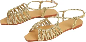 Women's Braided Strappy Gladiator Flat Sandals with Adjustable Ankle Strap Open Toe Non-Slip Lightweight Summer Sandals for Beach Outdoor Vacation