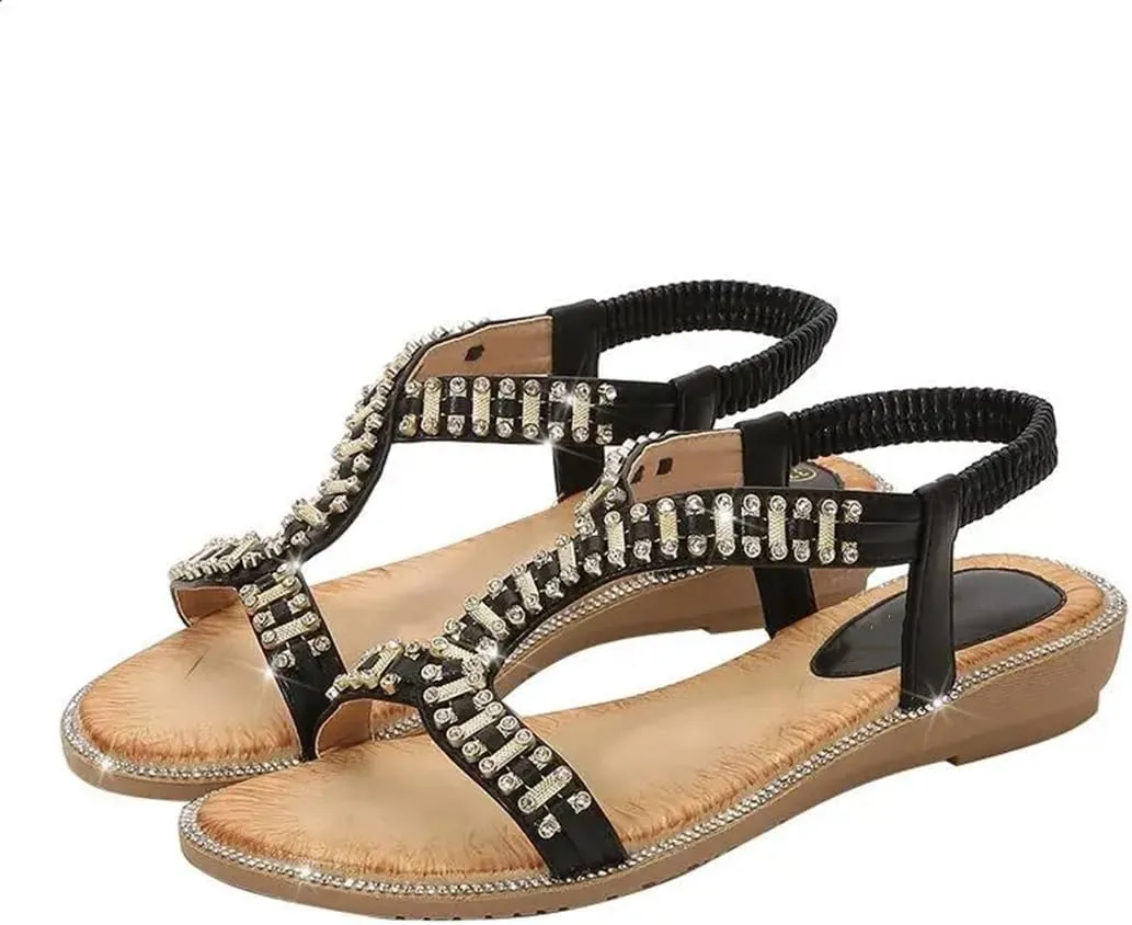 Womens Buckle Strap Back Strap Square Heel Open Side Vamp Ankle Strap Sandals Rhinestone Clogs Casual Summer Sandals