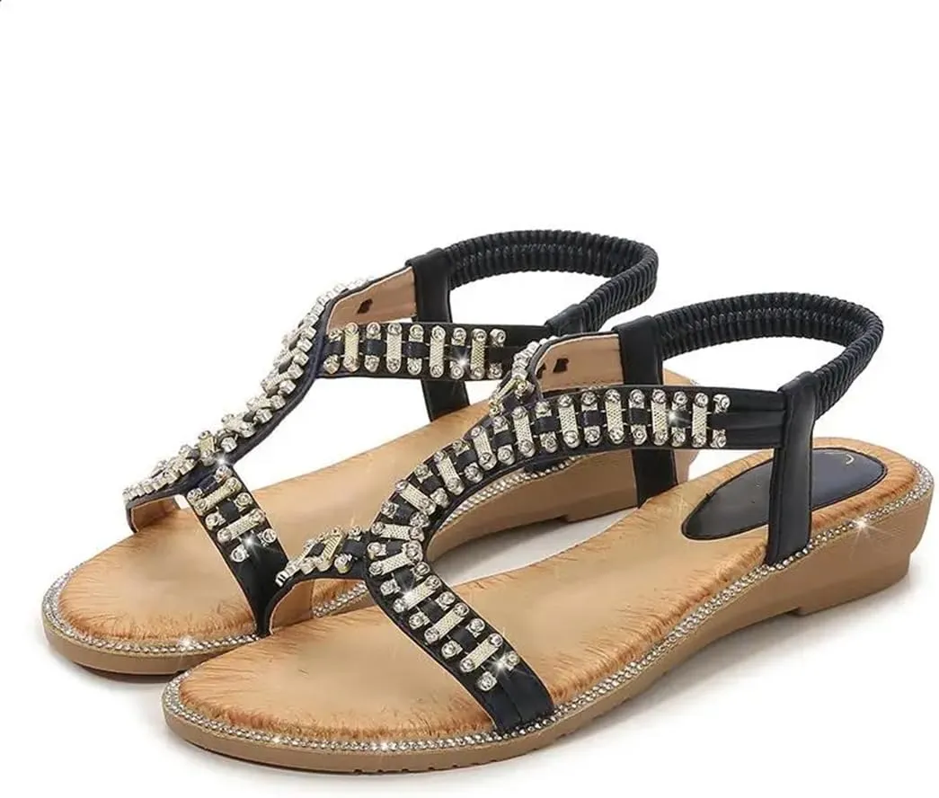 Womens Buckle Strap Back Strap Square Heel Open Side Vamp Ankle Strap Sandals Rhinestone Clogs Casual Summer Sandals