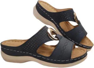 Women's Classic Leather Sandals Lightweight Flat Sandals Cute Hollow Out Flower One Stirrup Casual Walking Slippers, 4