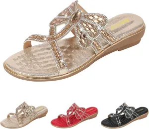Women's Fashion Rhinestones Dragonfly Sandals T-Strap Bohemian Sandals Breathable Dressy Summer Outdoor Slip On Flat Shoes