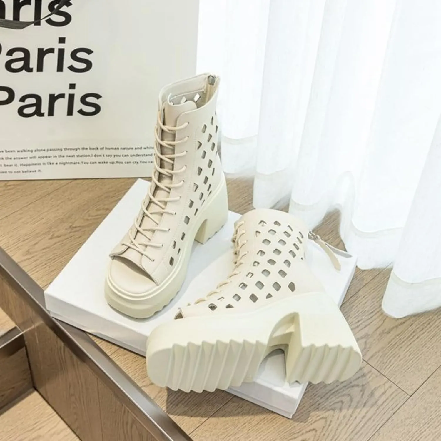 Women's Peep Toe Gladiator Sandals Chunky Heel Leather Summer Booties