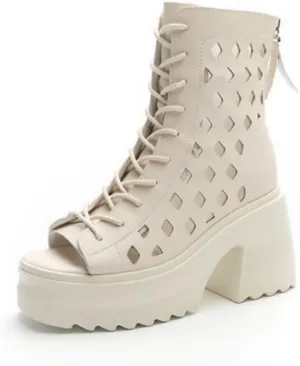 Women's Peep Toe Gladiator Sandals Chunky Heel Leather Summer Booties