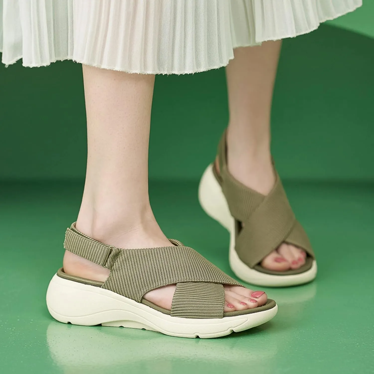 Women's Wedge Sandals Comfort Slingback Arch Support Ribbed Cross-Strap Design Sandal Breathable Cushioned Stain Resistant Sports Shoes Outdoors Beach Office Yoga Party Walking Shoes