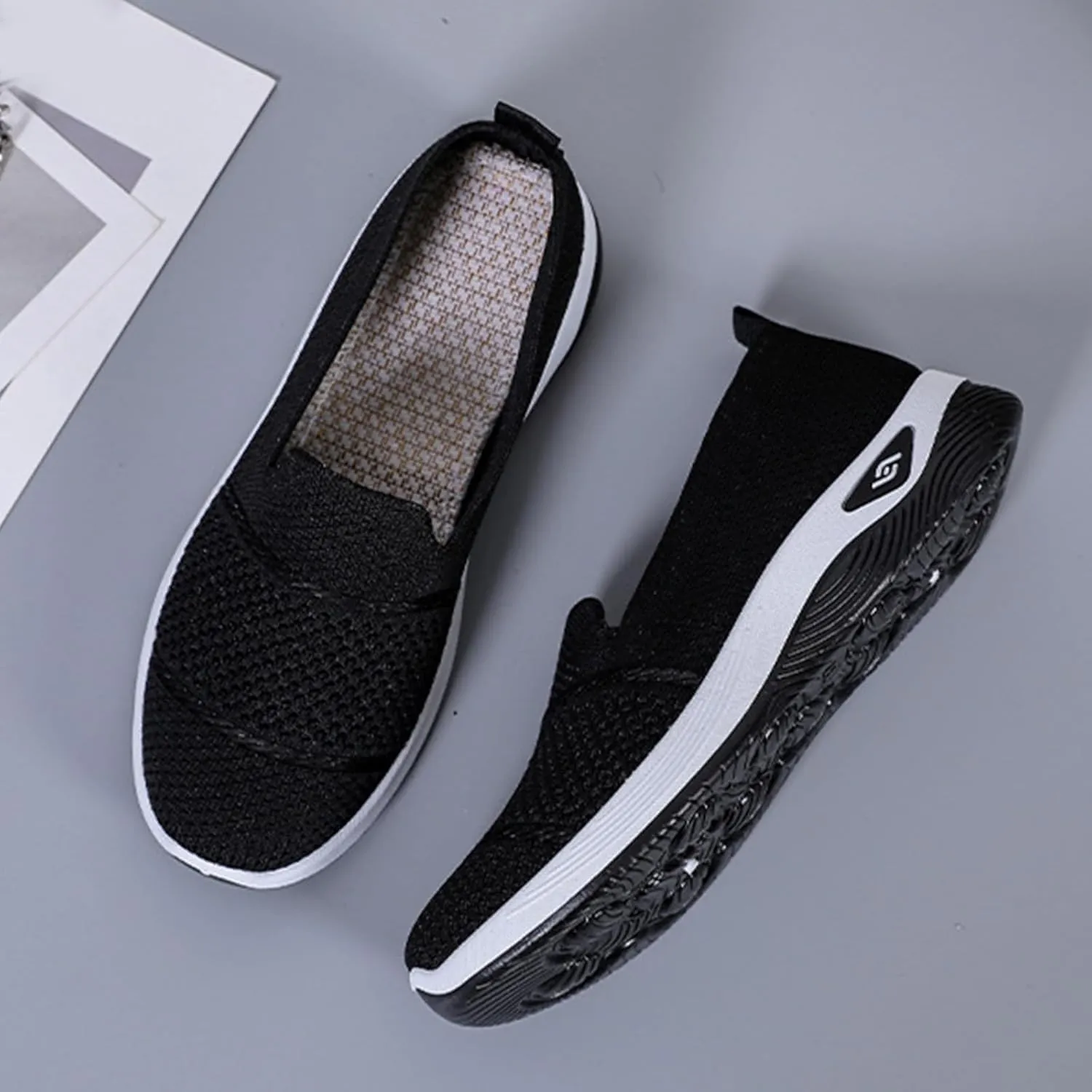 Women's Woven Orthopedic Breathable Soft Shoes Comfortable Lightweight Casual Shoes Go Walk Slip on Nurse Shoe Diabetic Foam Sneaker Hands Free Walking Sneakers with Arch Support