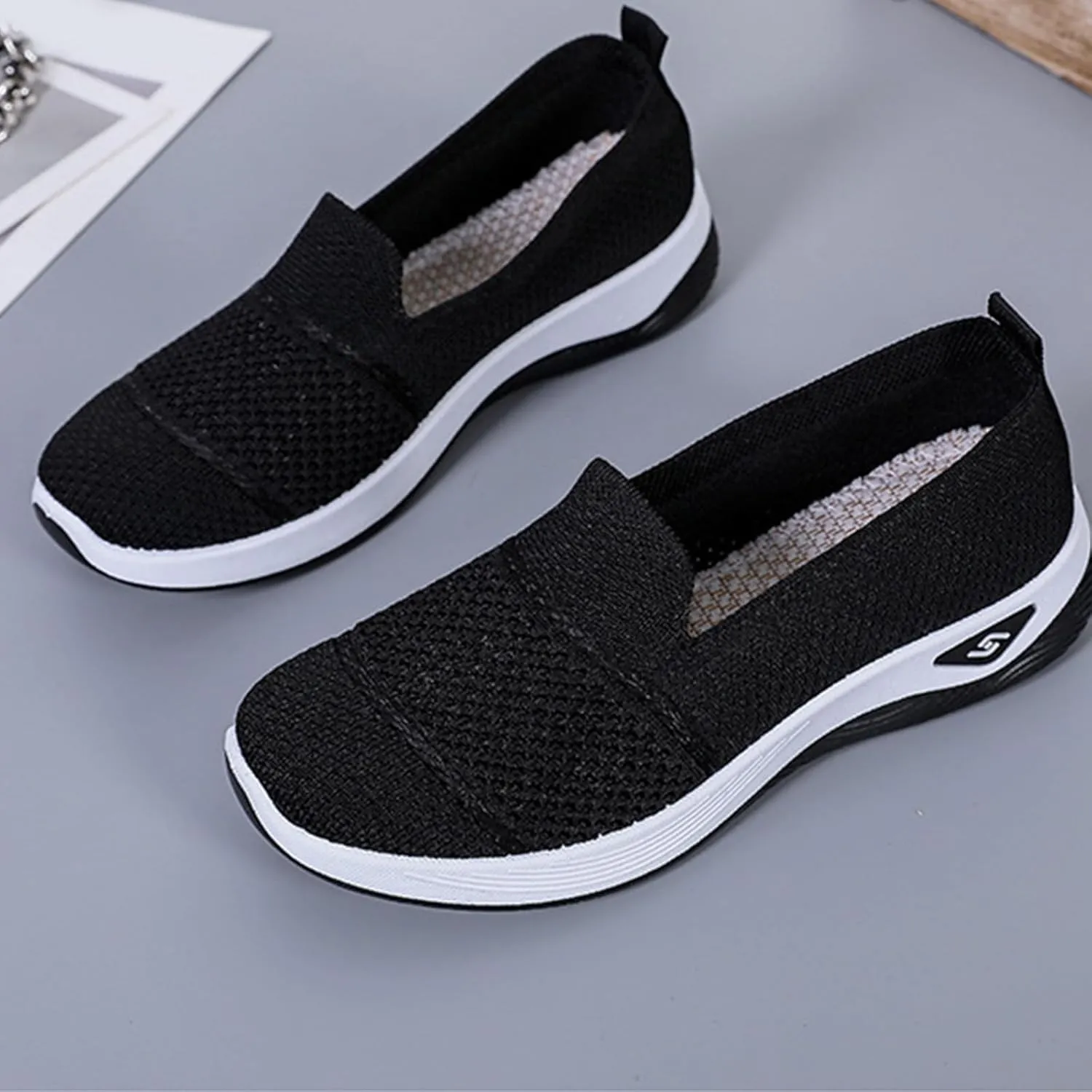Women's Woven Orthopedic Breathable Soft Shoes Comfortable Lightweight Casual Shoes Go Walk Slip on Nurse Shoe Diabetic Foam Sneaker Hands Free Walking Sneakers with Arch Support