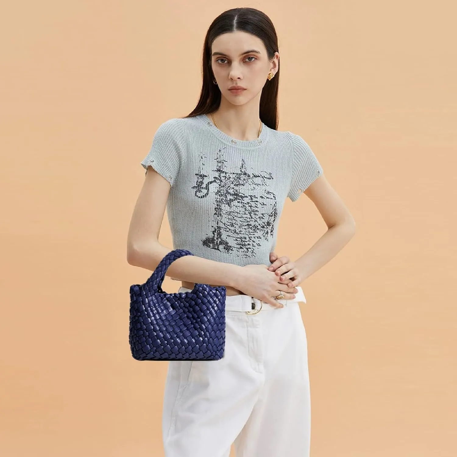 Woven Tote Bag for Women with Coin Purse, Foldable Chain Small Crossbody Handbags, Fashion Shoulder Bag, Hobo Satchel