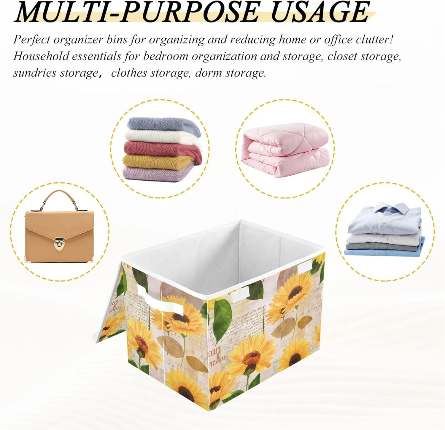xigua Yellow Sunflower Storage Bins with Lids and Carrying Handle,Foldable Storage Boxes Organizer Containers Baskets Cube with Cover for Home Bedroom Closet Office Nursery