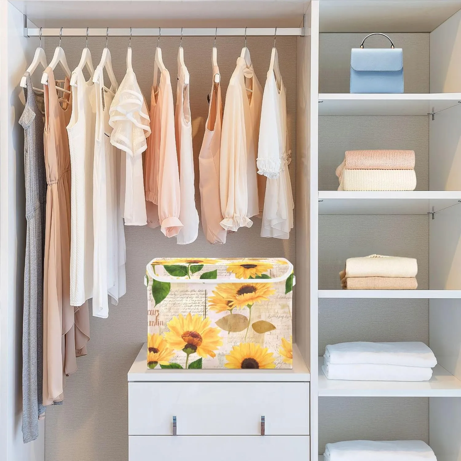 xigua Yellow Sunflower Storage Bins with Lids and Carrying Handle,Foldable Storage Boxes Organizer Containers Baskets Cube with Cover for Home Bedroom Closet Office Nursery
