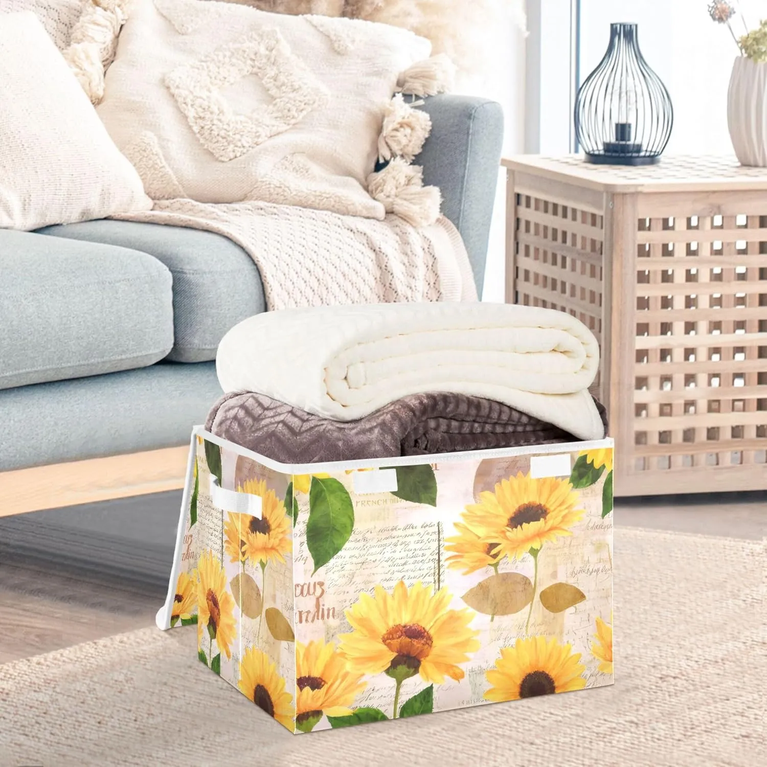 xigua Yellow Sunflower Storage Bins with Lids and Carrying Handle,Foldable Storage Boxes Organizer Containers Baskets Cube with Cover for Home Bedroom Closet Office Nursery