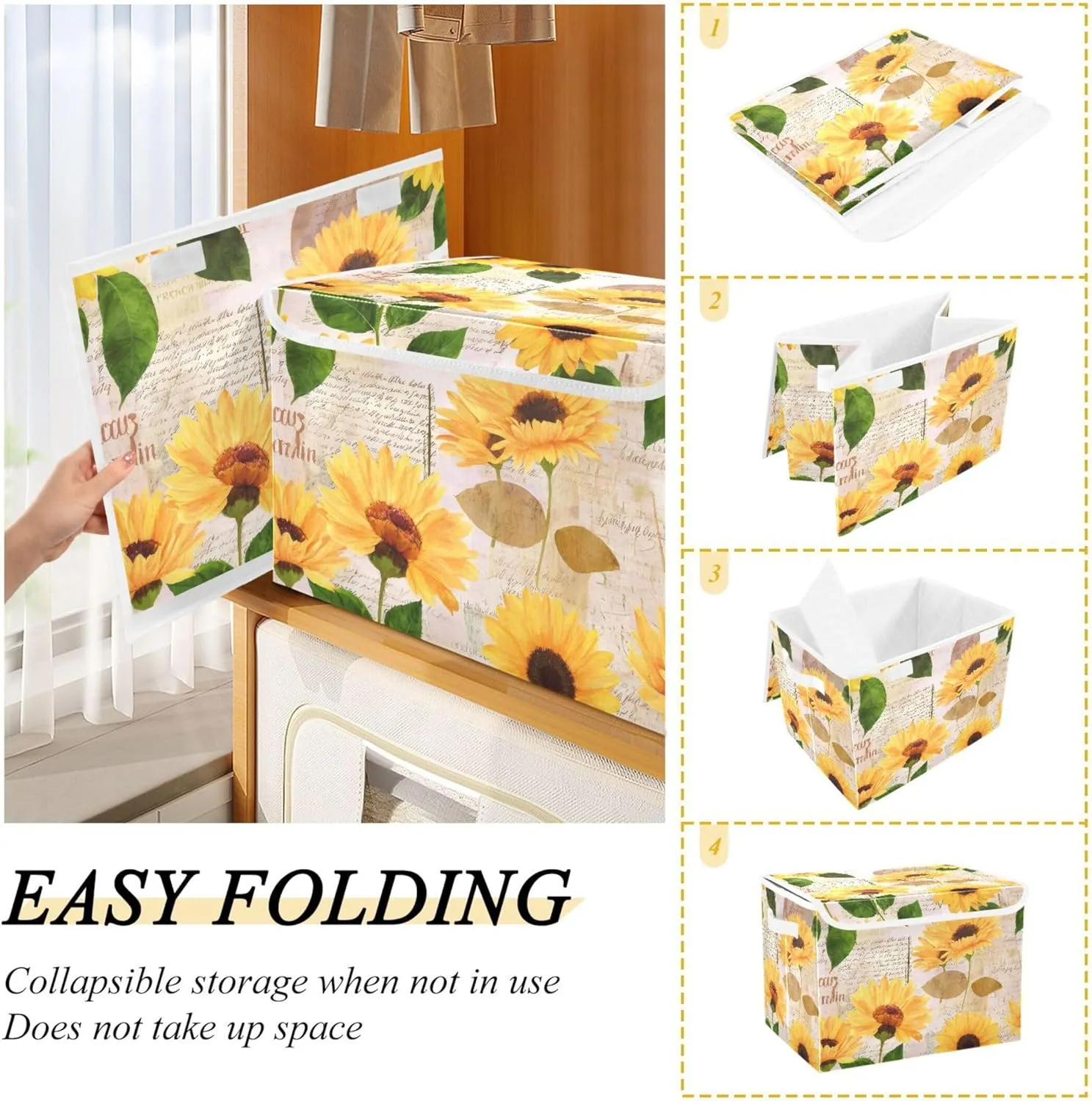 xigua Yellow Sunflower Storage Bins with Lids and Carrying Handle,Foldable Storage Boxes Organizer Containers Baskets Cube with Cover for Home Bedroom Closet Office Nursery