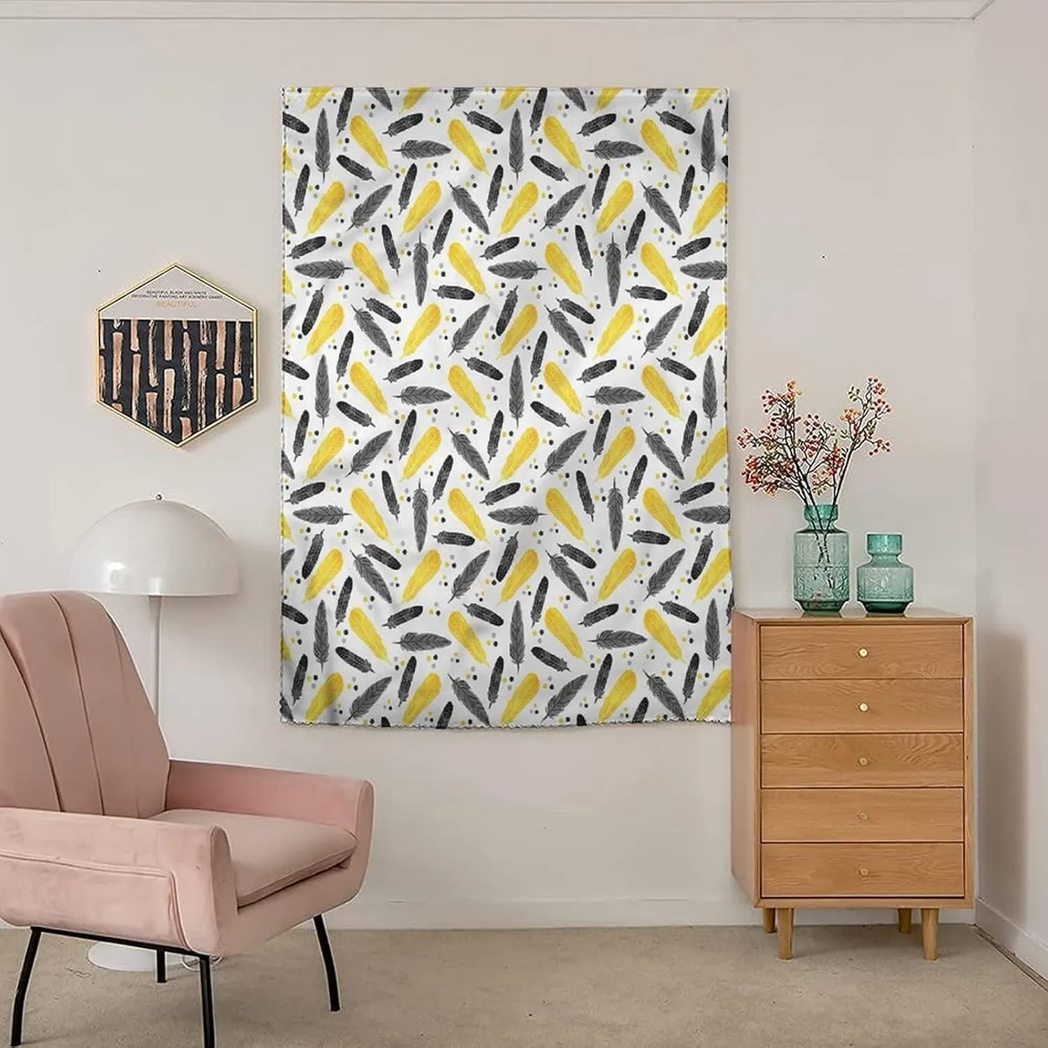XISUNYA Autohesion Curtains, Yellow Window Curtain Panel, Feathers Retro Dots Print Thermal Lnsulated Room Darkening Small Drapes,24W x40L Inches, for Kitchen Bathroom Living Room
