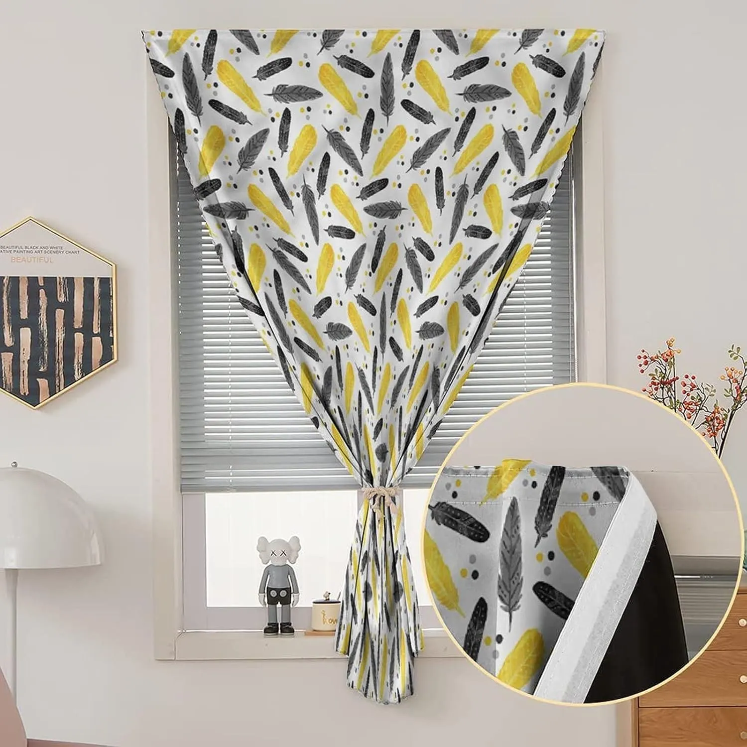 XISUNYA Autohesion Curtains, Yellow Window Curtain Panel, Feathers Retro Dots Print Thermal Lnsulated Room Darkening Small Drapes,24W x40L Inches, for Kitchen Bathroom Living Room