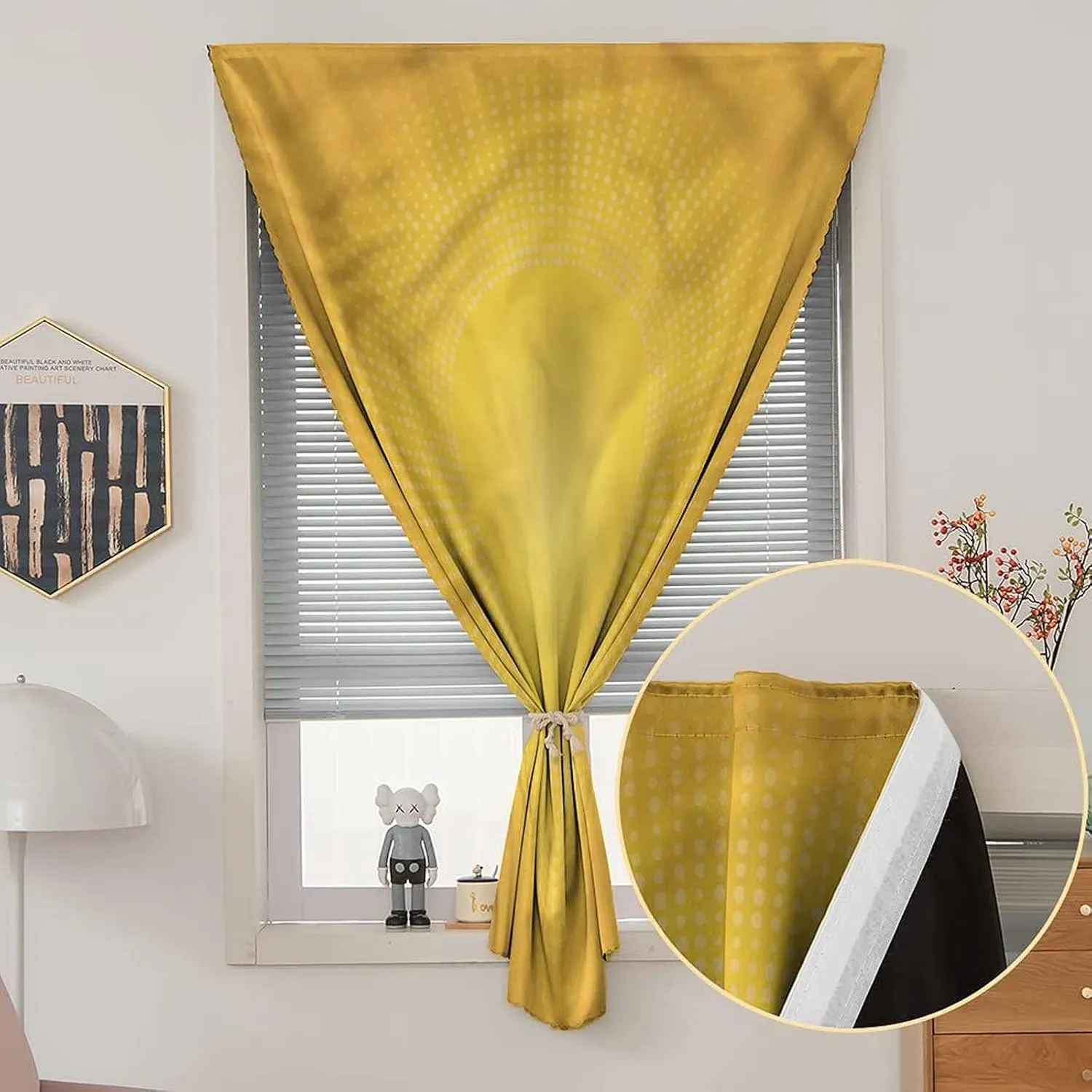 XISUNYA Autohesion Curtains, Yellow Window Curtain Panel, Modern Sunshine Circle Print Thermal Lnsulated Room Darkening Small Drapes,59W x72L Inches, for Bathroom Living Room Bedroom