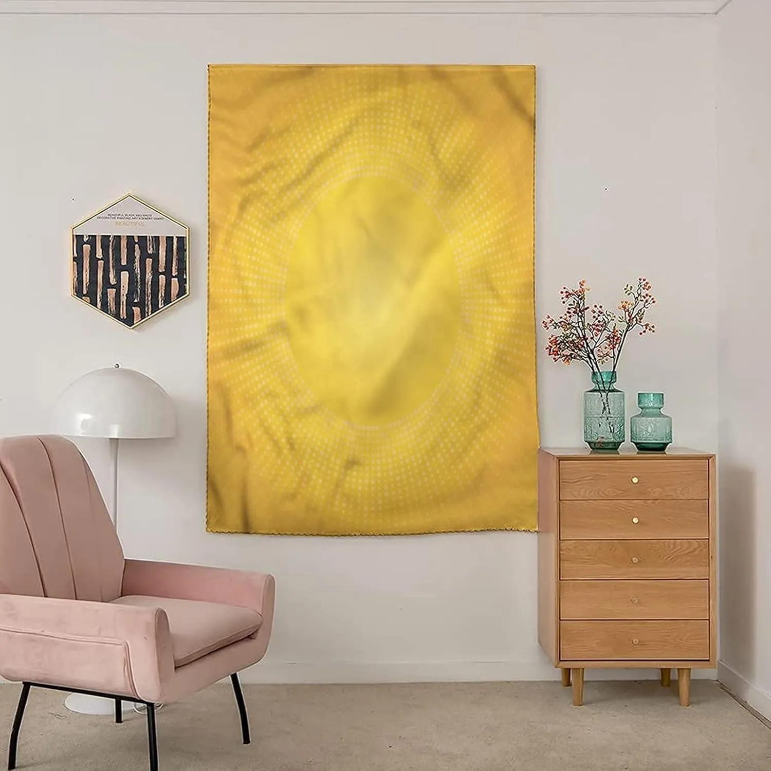 XISUNYA Autohesion Curtains, Yellow Window Curtain Panel, Modern Sunshine Circle Print Thermal Lnsulated Room Darkening Small Drapes,59W x72L Inches, for Bathroom Living Room Bedroom