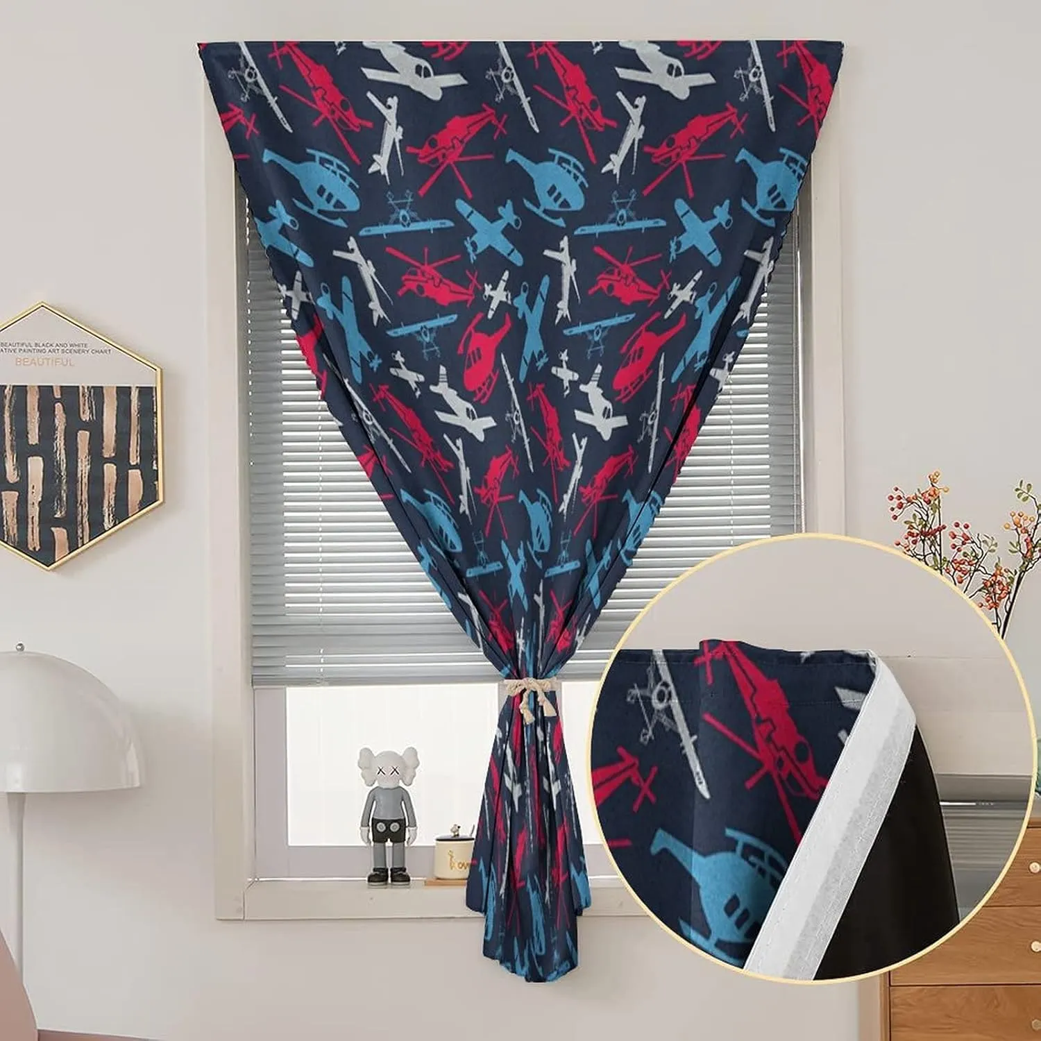 XISUNYA Self Adhesive Portable Blackout Curtains, Airplane Room Darkening Curtains, Different Airship and Helicopter Print Temporary Blackout Blinds,35W x54L Inch, for Kitchen Bathroom Living Room