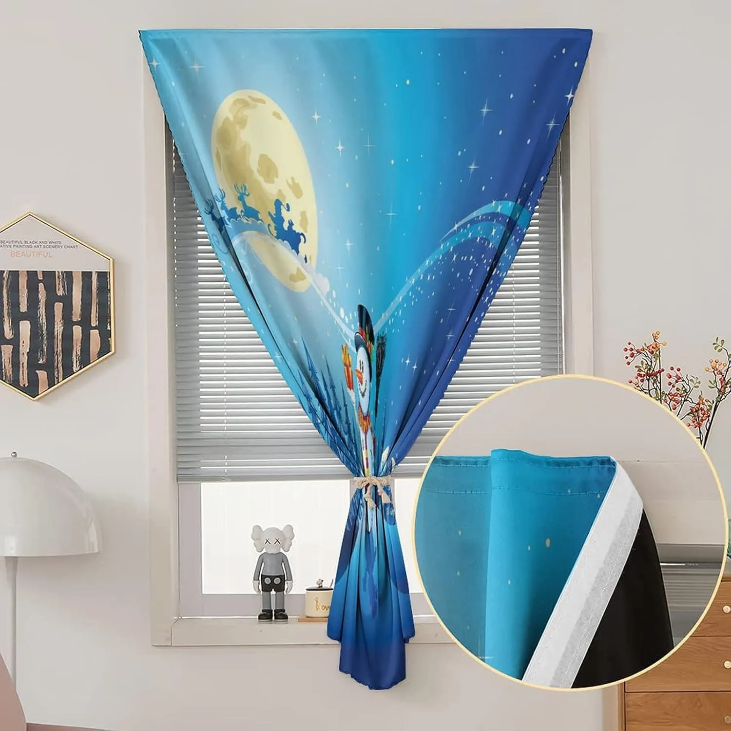 XISUNYA Self Adhesive Portable Blackout Curtains, Christmas Room Darkening Curtains, Snowy Landscape Pines Houses Starry Sky Full Moon and Santa Print Temporary Blackout Blinds,26W x40L Inch